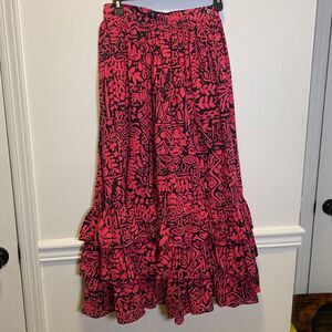 Vintage LizSport Pink Black Abstract Print Tiered Maxi Skirt Cotton Size 10